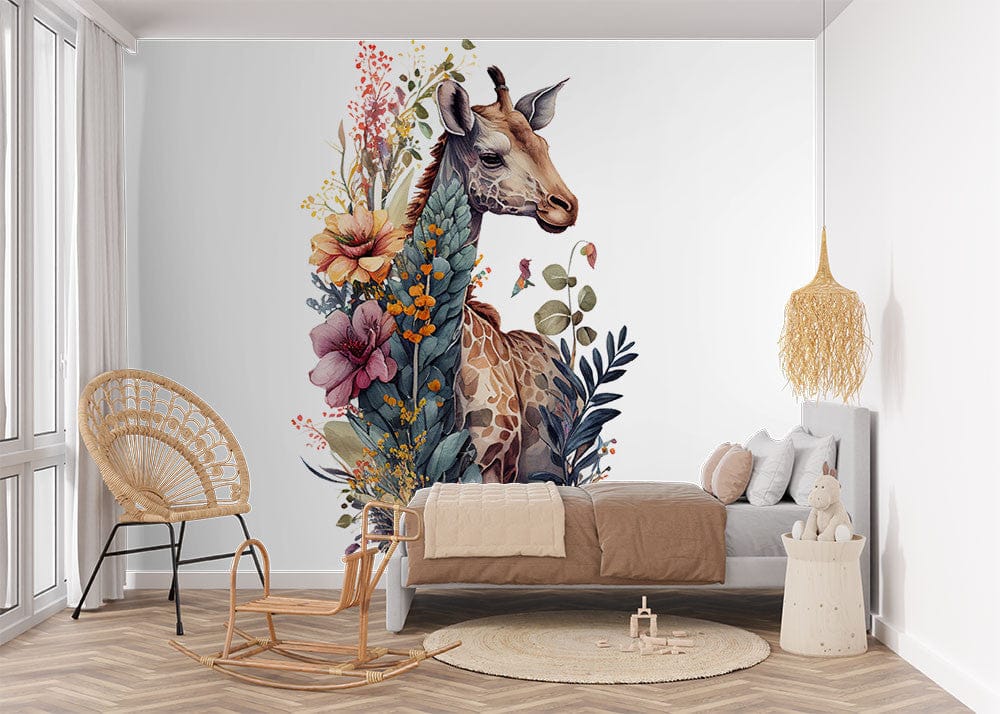 Papier peint panoramique girafe couronne de fleurs illustré, dans une chambre d'enfant