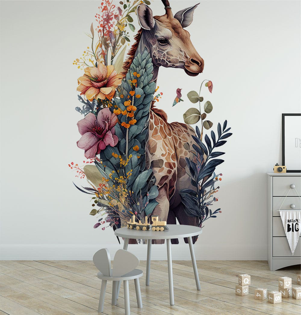Deuxième vue du papier peint girafe couronne de fleurs dans une chambre d'enfant