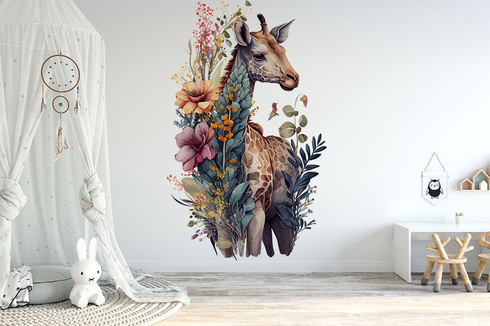 Troisième vue du papier peint girafe couronne de fleurs dans une chambre d'enfant