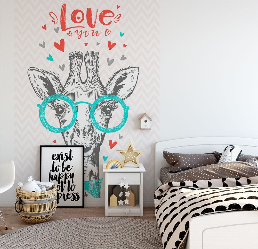 Papier peint panoramique girafe love illustré, dans une chambre d'enfant