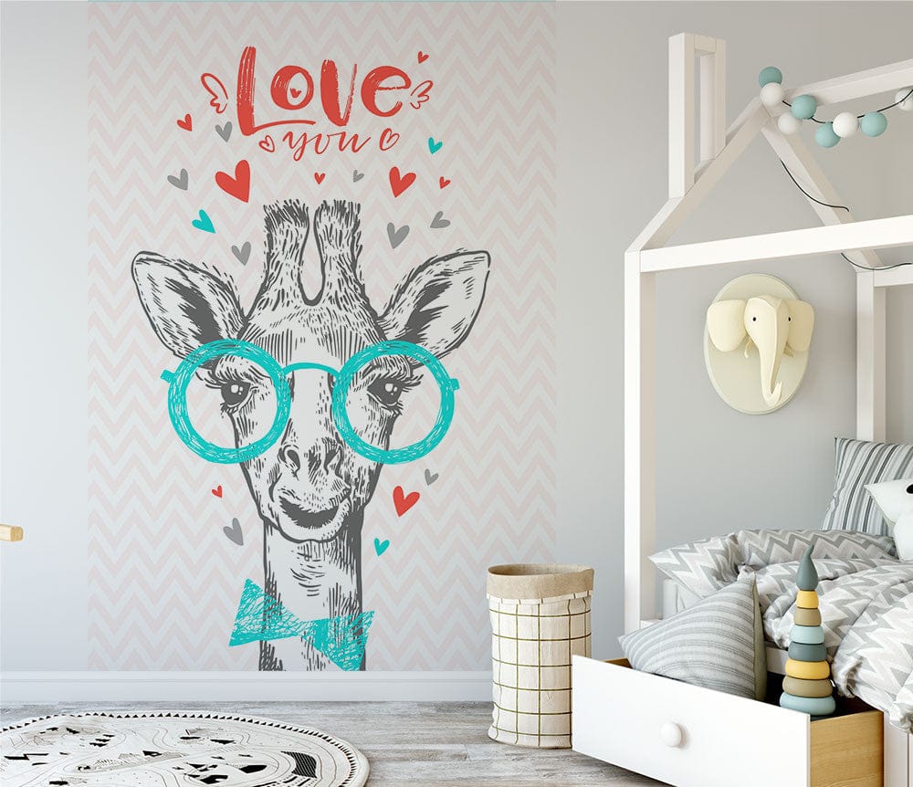 Deuxième vue du papier peint girafe love dans une chambre d'enfant