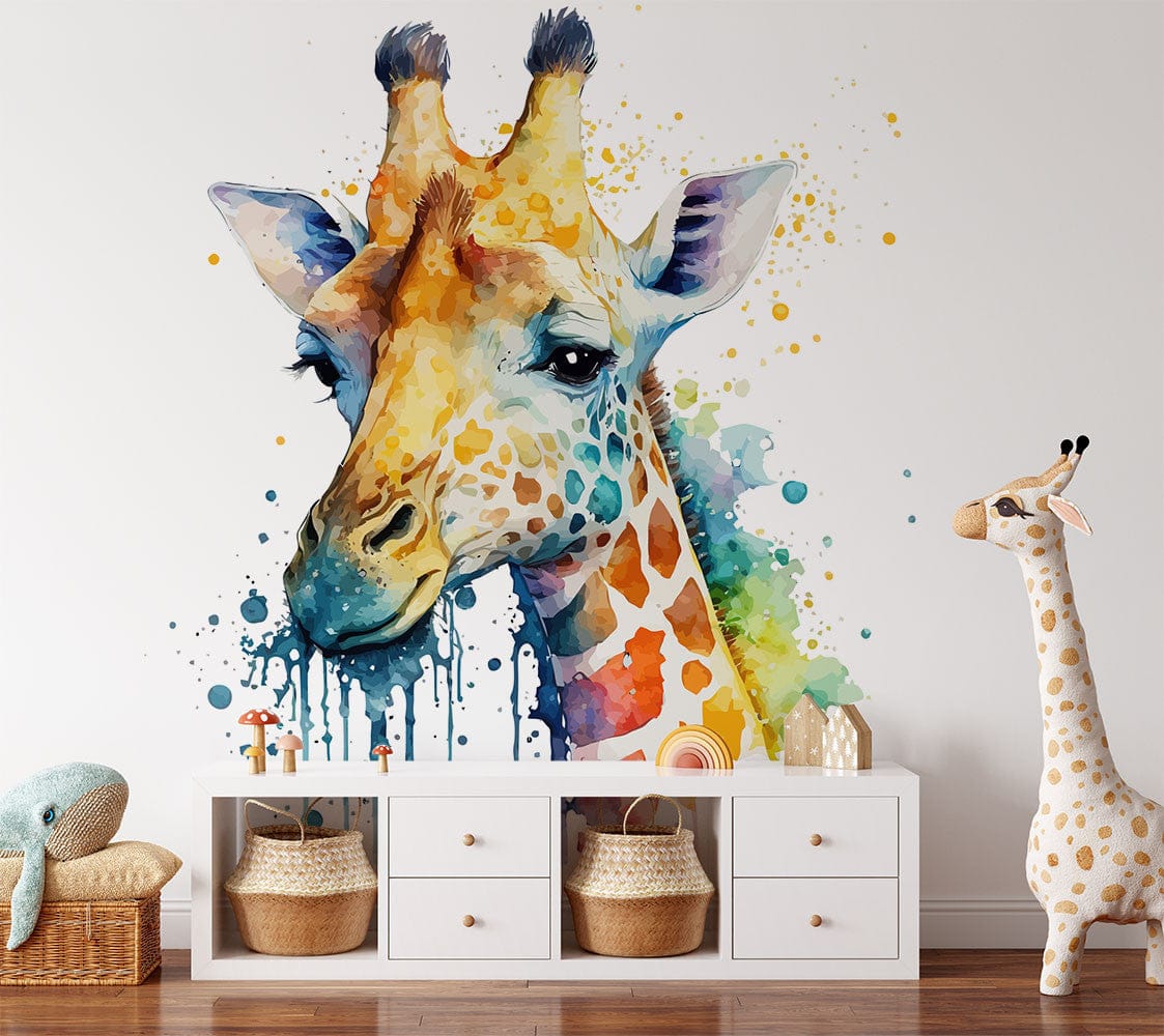 Papier peint panoramique girafe mignon illustré, dans une chambre d'enfant
