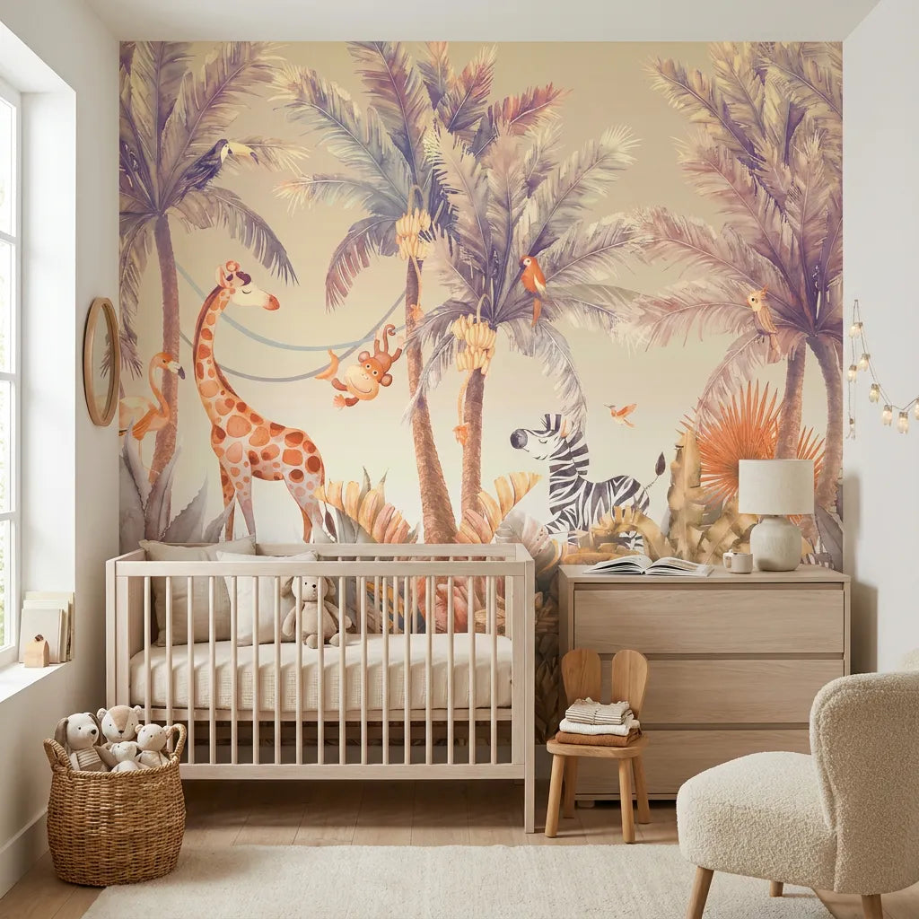 Papier peint panoramique girafe refuge illustré, dans une chambre d'enfant