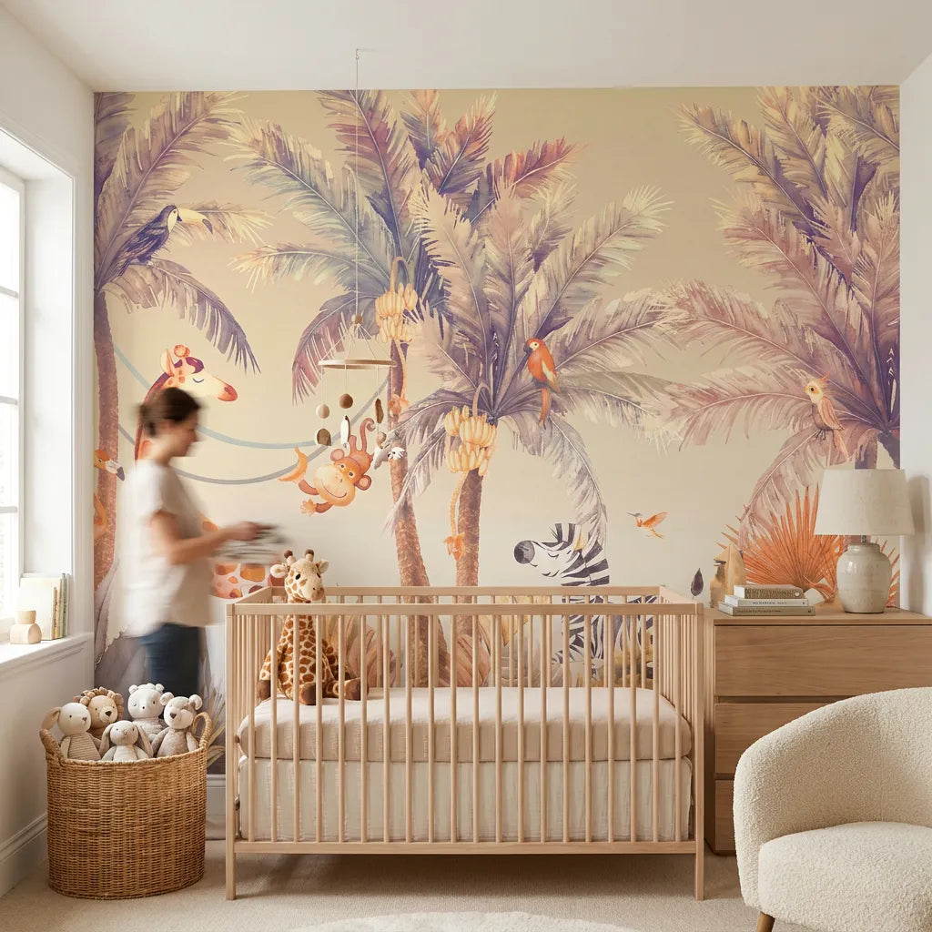 Deuxième vue du papier peint girafe refuge dans une chambre d'enfant