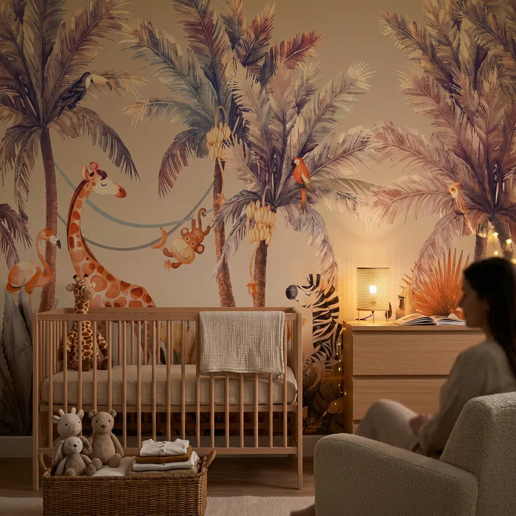 Troisième vue du papier peint girafe refuge dans une chambre d'enfant