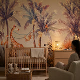 Troisième vue du papier peint girafe refuge dans une chambre d'enfant