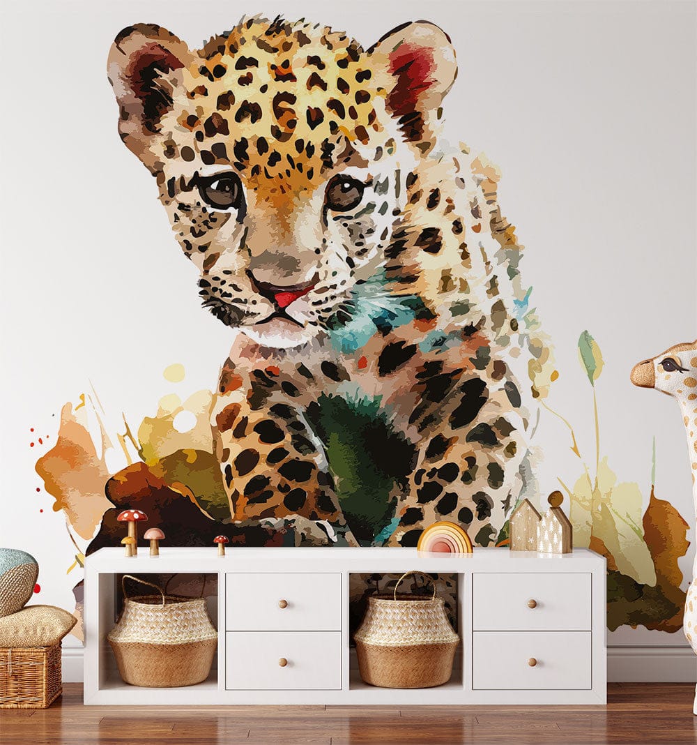 Papier peint panoramique guépard 2 illustré, dans une chambre d'enfant