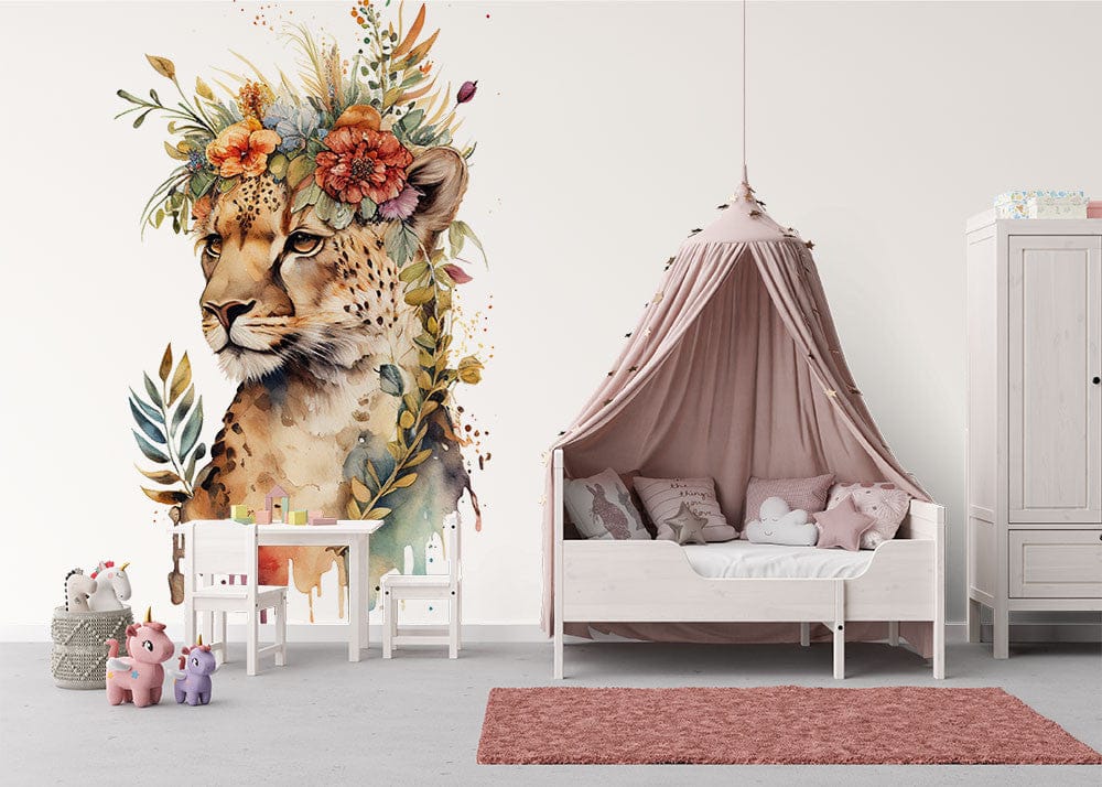 Papier peint panoramique guépard aquarelle couronne illustré, dans une chambre d'enfant