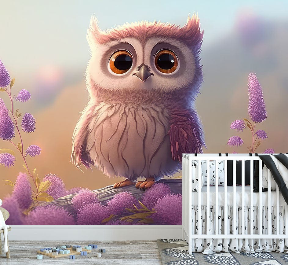 Papier peint panoramique hibou illustré, dans une chambre d'enfant