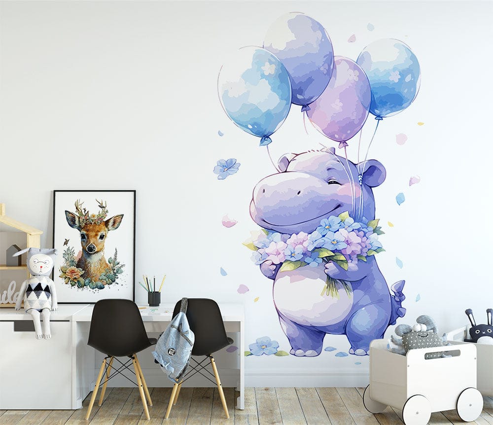 Papier peint panoramique hippopotame avec ces ballons illustré, dans une chambre de bébé
