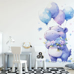 Deuxième vue du papier peint hippopotame avec ces ballons dans une chambre de bébé