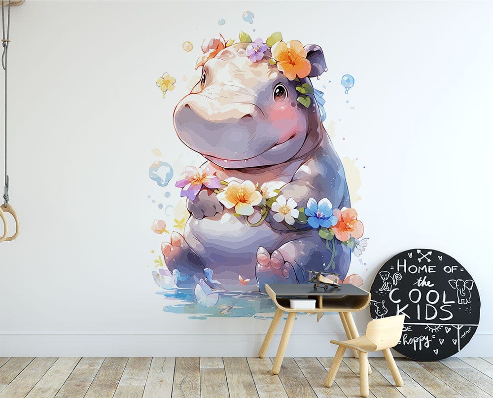 Papier peint panoramique hippopotame couronne de fleurs illustré, dans une chambre de bébé