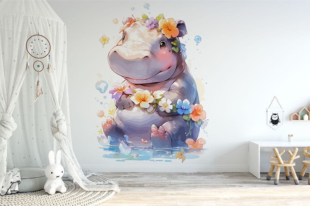 Deuxième vue du papier peint hippopotame couronne de fleurs dans une chambre de bébé