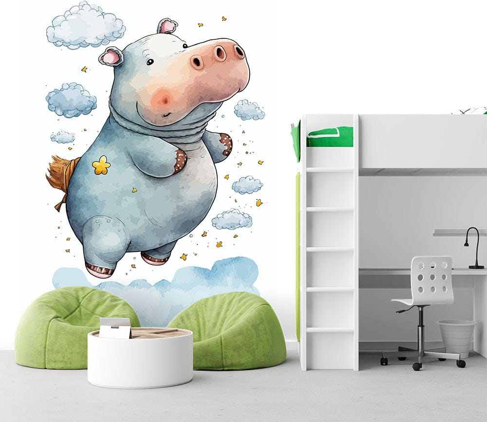 Papier peint panoramique hippopotame dans les airs illustré, dans une chambre d'enfant
