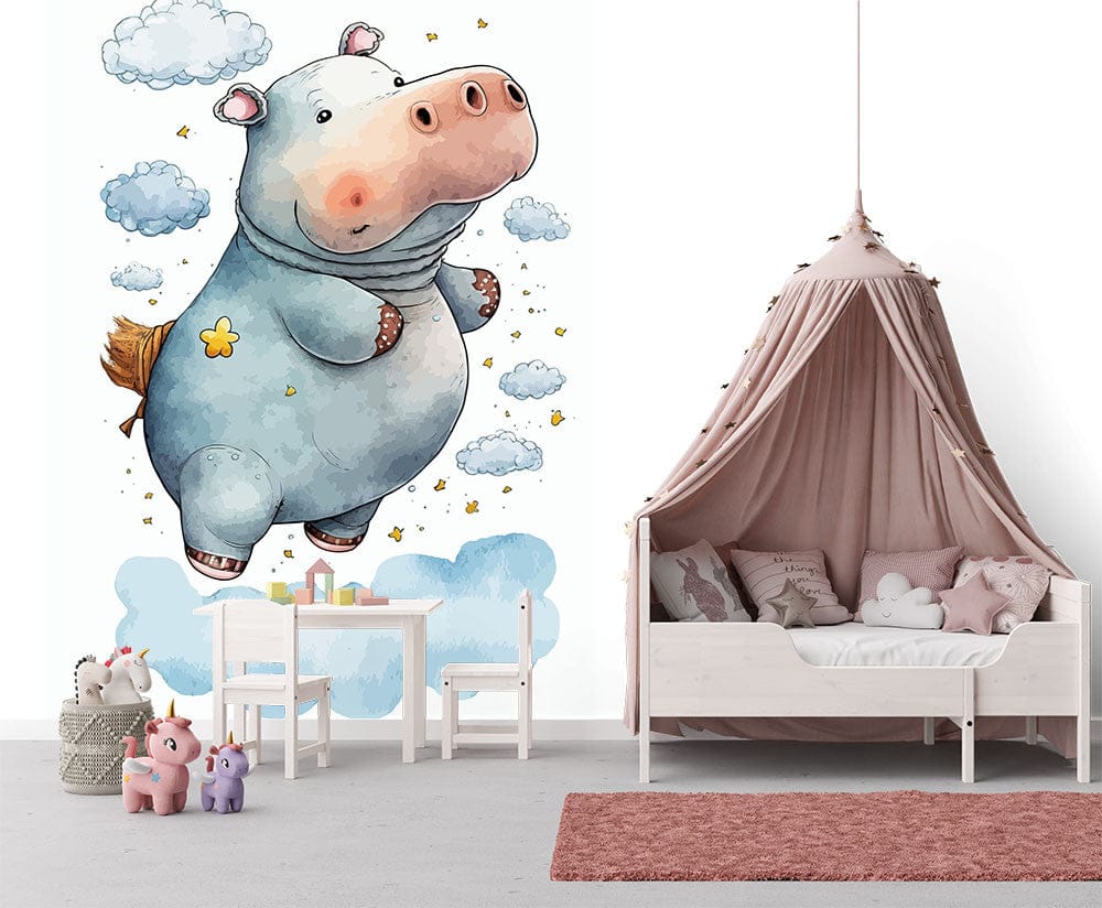 Deuxième vue du papier peint hippopotame dans les airs dans une chambre d'enfant