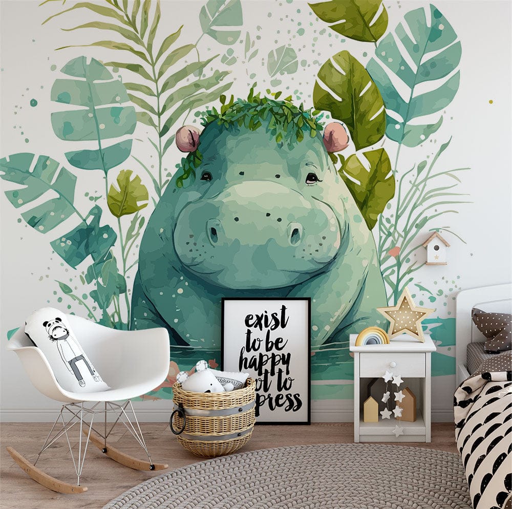 Papier peint panoramique hippopotame jungle illustré, dans une chambre d'enfant