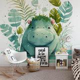 Papier peint panoramique hippopotame jungle illustré, dans une chambre d'enfant