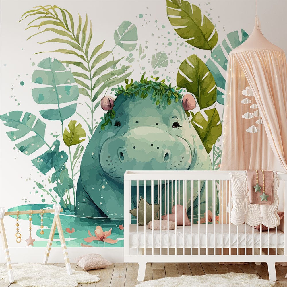 Deuxième vue du papier peint hippopotame jungle dans une chambre d'enfant