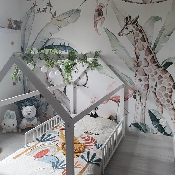 Papier peint panoramique jungle amis illustré, dans une chambre d'enfant