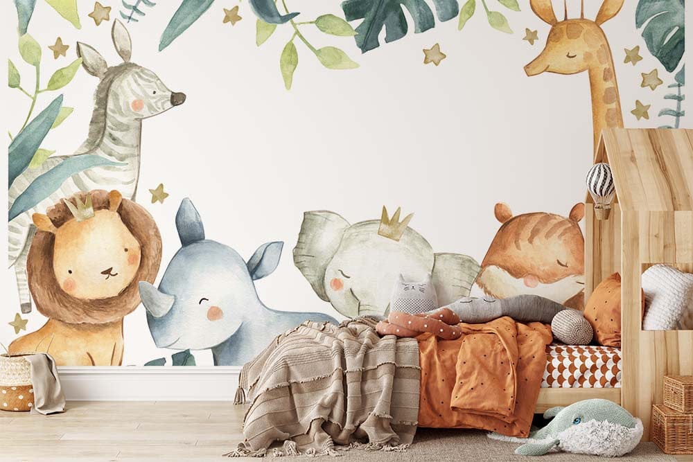 Papier peint panoramique jungle animaux ballade illustré, dans une chambre d'enfant