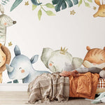 Papier peint panoramique jungle animaux ballade illustré, dans une chambre d'enfant