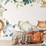Papier peint panoramique jungle animaux ballade illustré, dans une chambre d'enfant