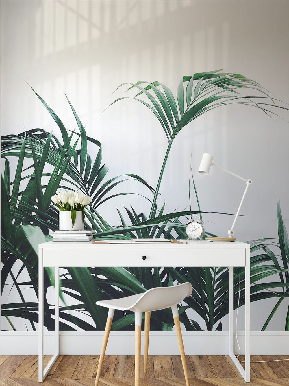 Papier peint panoramique jungle brumeuse illustré, dans une chambre adulte