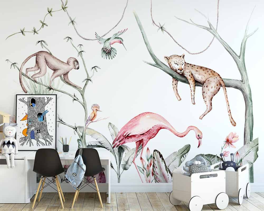 Papier peint panoramique jungle illustré, dans une chambre d'enfant