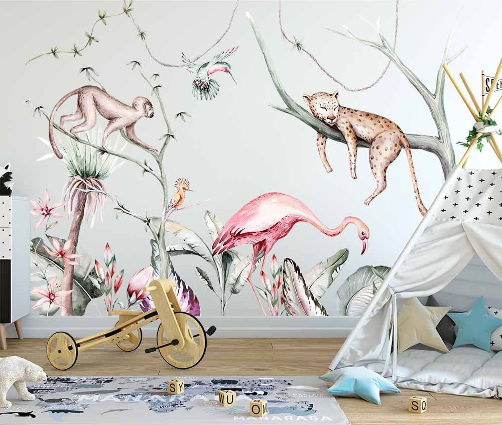 Deuxième vue du papier peint jungle dans une chambre d'enfant