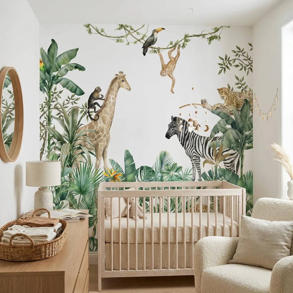 Papier peint panoramique jungle copains 2 illustré, dans une chambre d'enfant