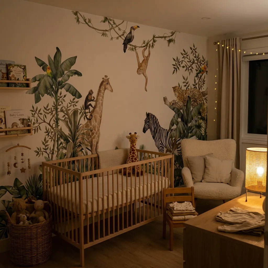 Deuxième vue du papier peint jungle copains 2 dans une chambre d'enfant