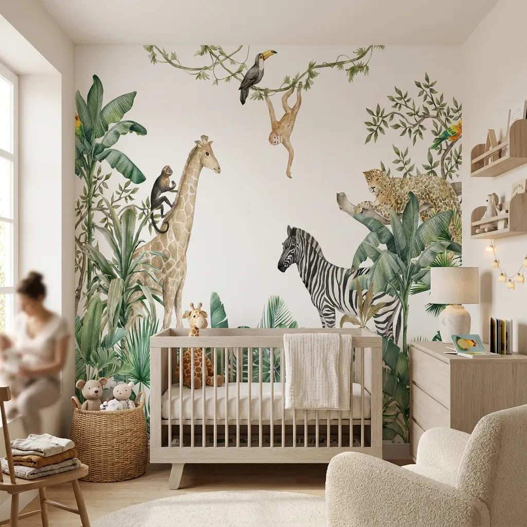 Quatrième vue du papier peint jungle copains 2 dans une chambre d'enfant