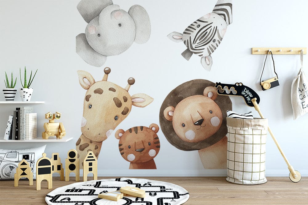 Papier peint panoramique jungle copains illustré, dans une chambre d'enfant
