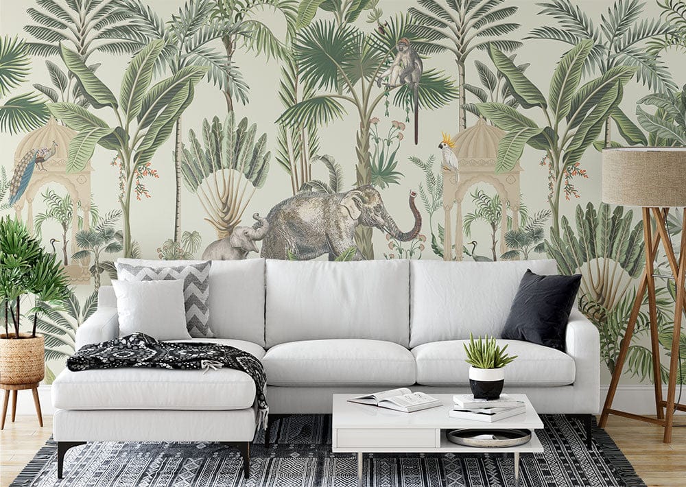 Papier peint panoramique jungle éléphant illustré, dans une chambre adulte