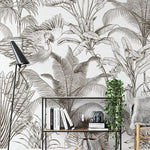Papier peint panoramique jungle flamboyante illustré, dans une chambre adulte