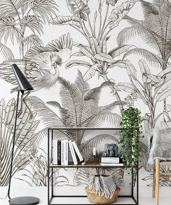 Papier peint panoramique jungle flamboyante illustré, dans une chambre adulte