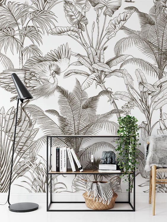 Papier peint panoramique jungle flamboyante illustré, dans une chambre adulte