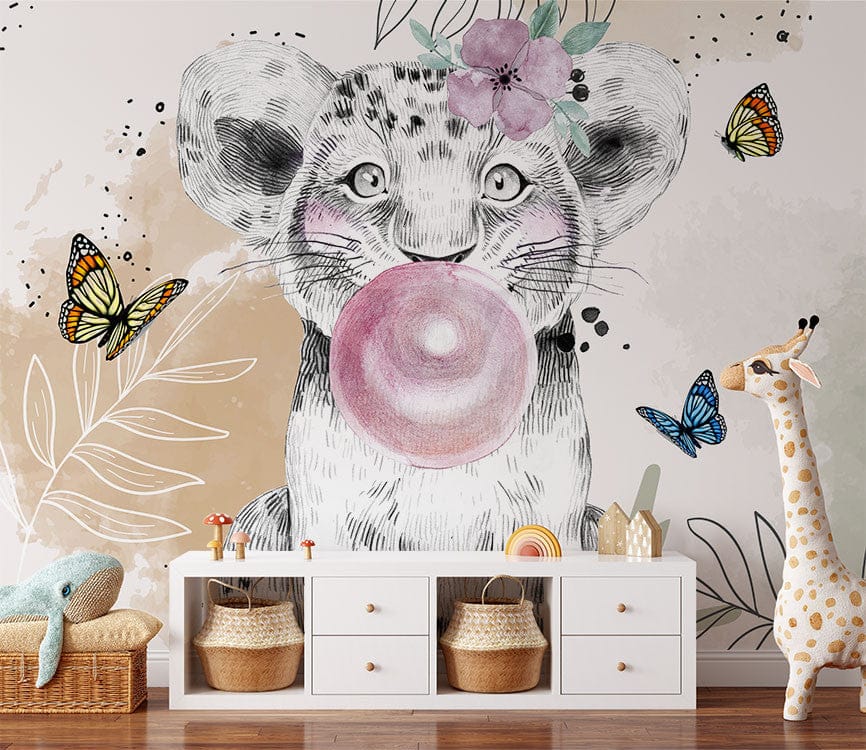 Deuxième vue du papier peint jungle lion bubble gum dans une chambre d'enfant