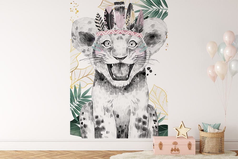 Papier peint panoramique jungle lion coiffe indienne illustré, dans une chambre d'enfant