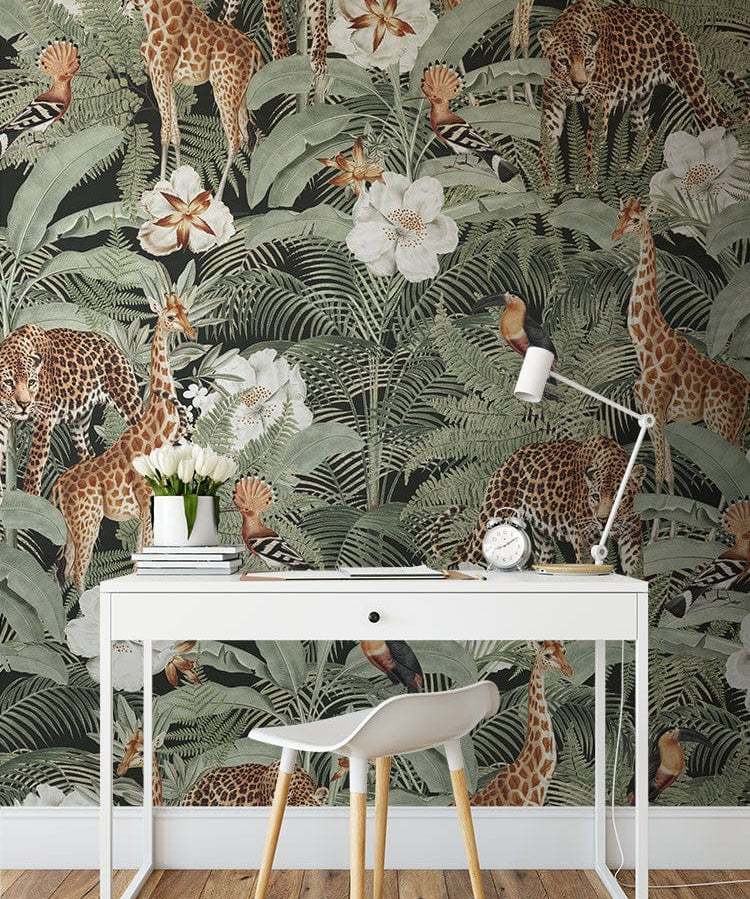 Papier peint panoramique jungle n°3 illustré, dans une chambre adulte
