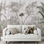 Papier peint panoramique jungle noir blanc illustré, dans une chambre adulte