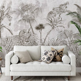 Papier peint panoramique jungle noir blanc illustré, dans une chambre adulte