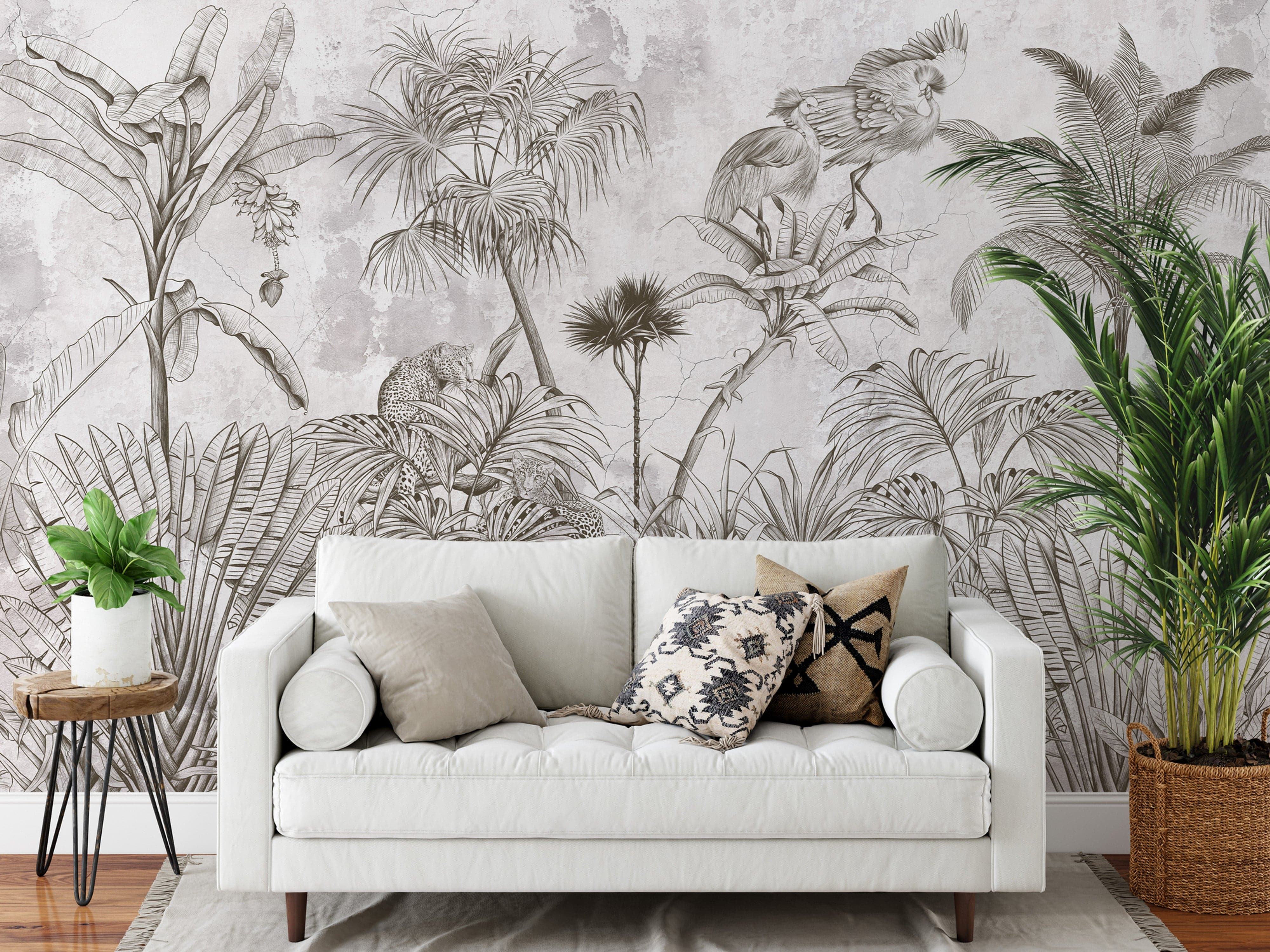 Papier peint panoramique jungle noir blanc illustré, dans une chambre adulte