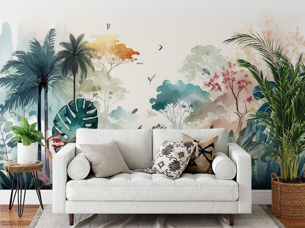 Papier peint panoramique jungle oiseaux illustré, dans une chambre adulte