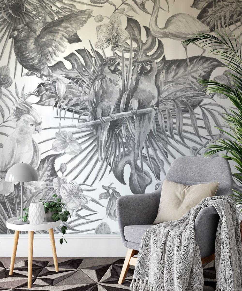 Papier peint panoramique jungle vintage illustré, dans une chambre adulte