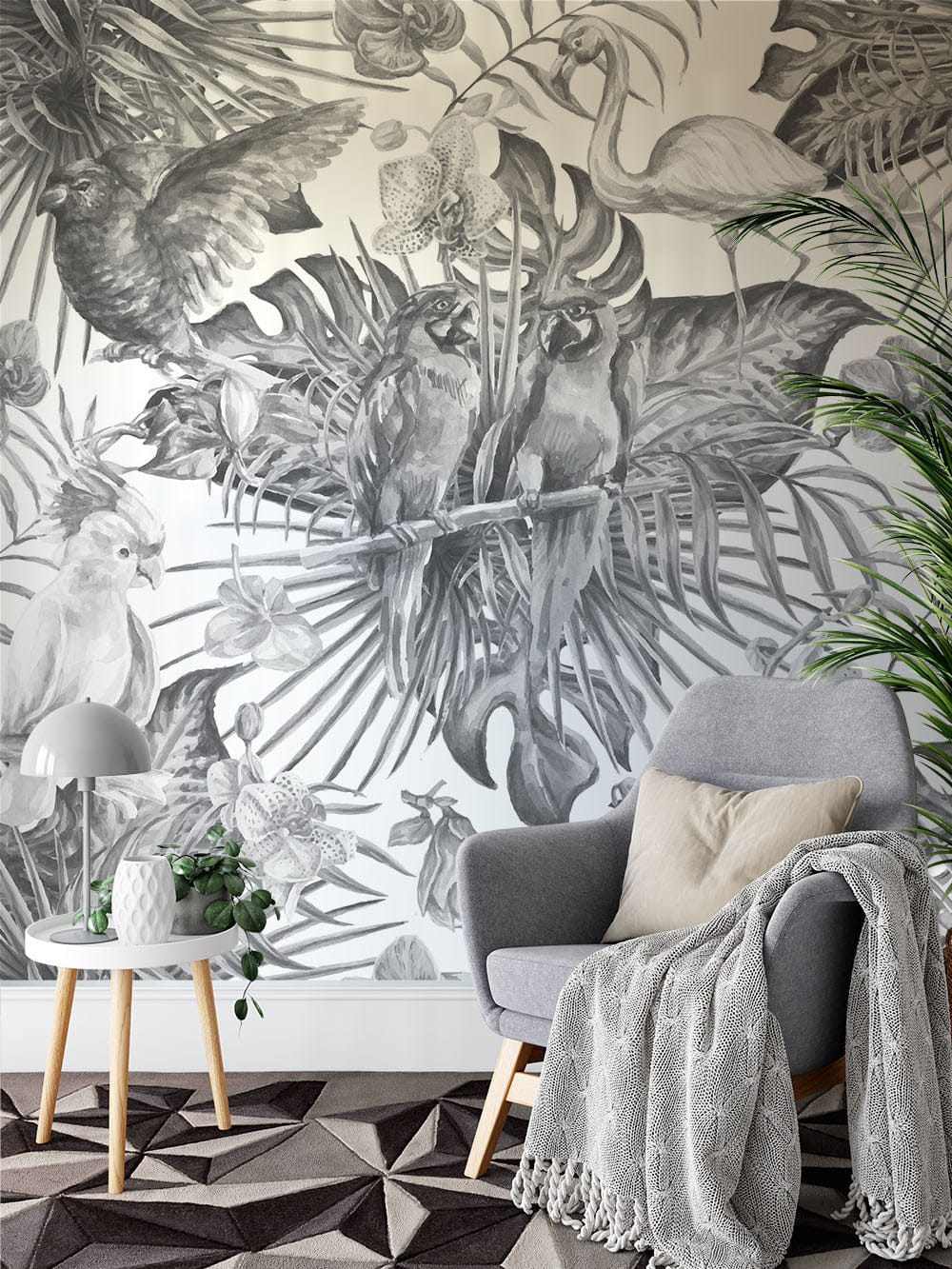 Papier peint panoramique jungle vintage illustré, dans une chambre adulte
