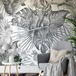 Papier peint panoramique jungle vintage illustré, dans une chambre adulte