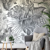 Papier peint panoramique jungle vintage illustré, dans une chambre adulte