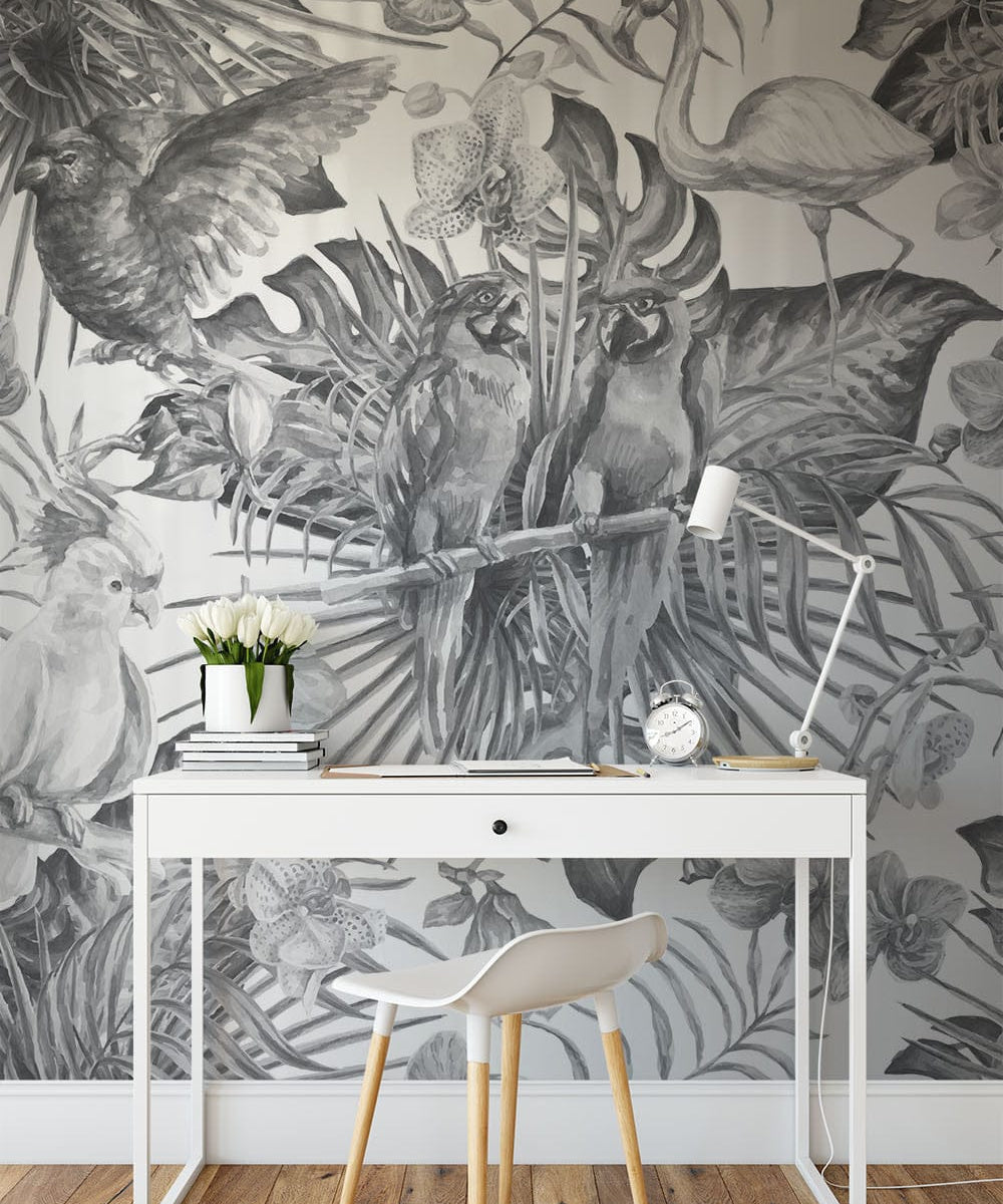 Deuxième vue du papier peint jungle vintage dans une chambre adulte