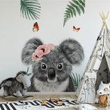 Papier peint panoramique koala papillons illustré, dans une chambre d'enfant